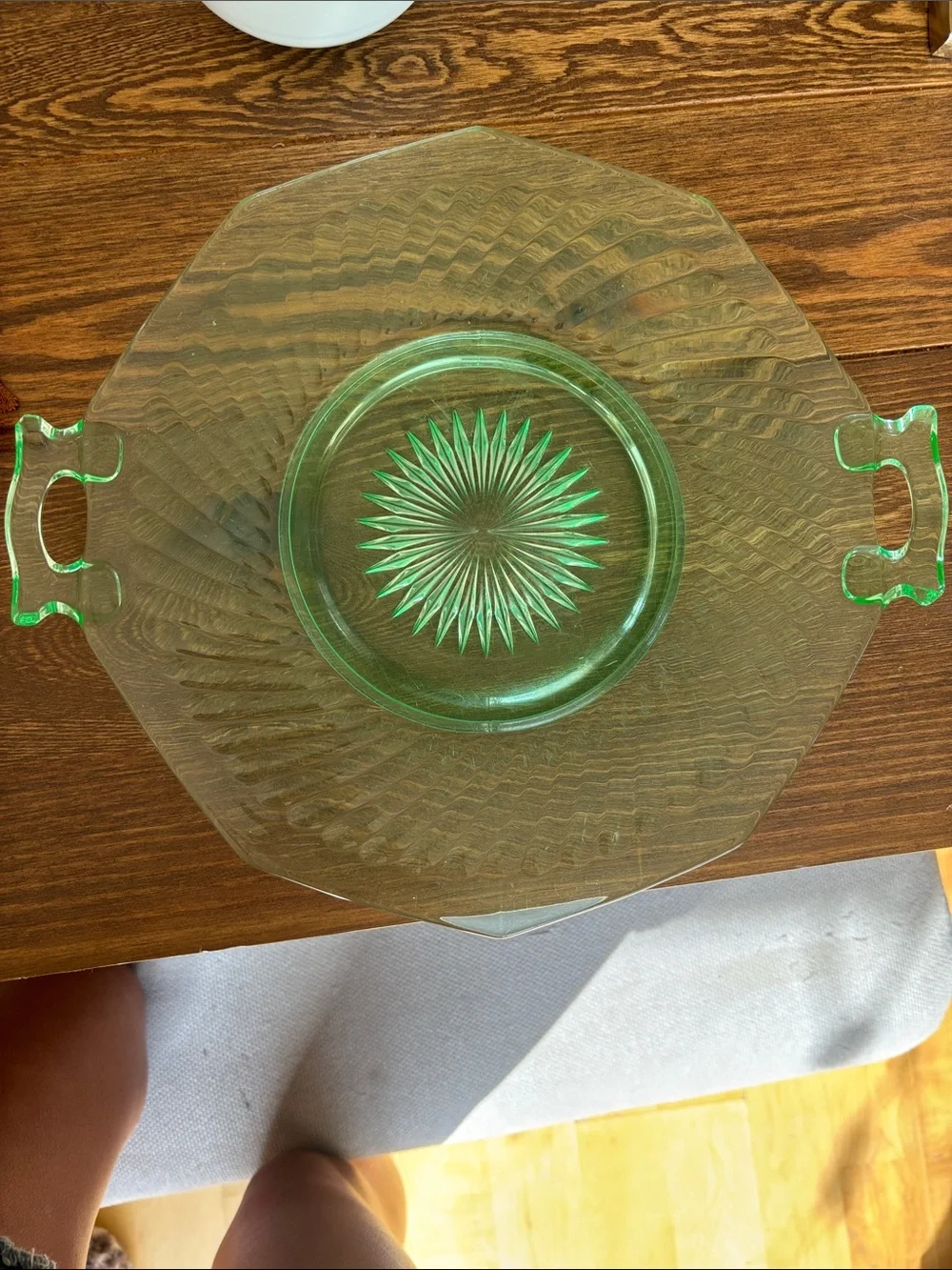Vintage Green Glass Serving Tray with Handles